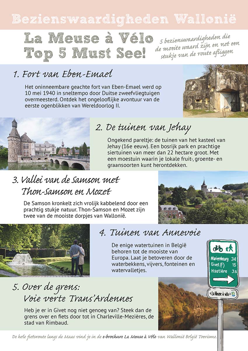 lijst van bezienswaardigheden Wallonië, fietsroute langs de Maas